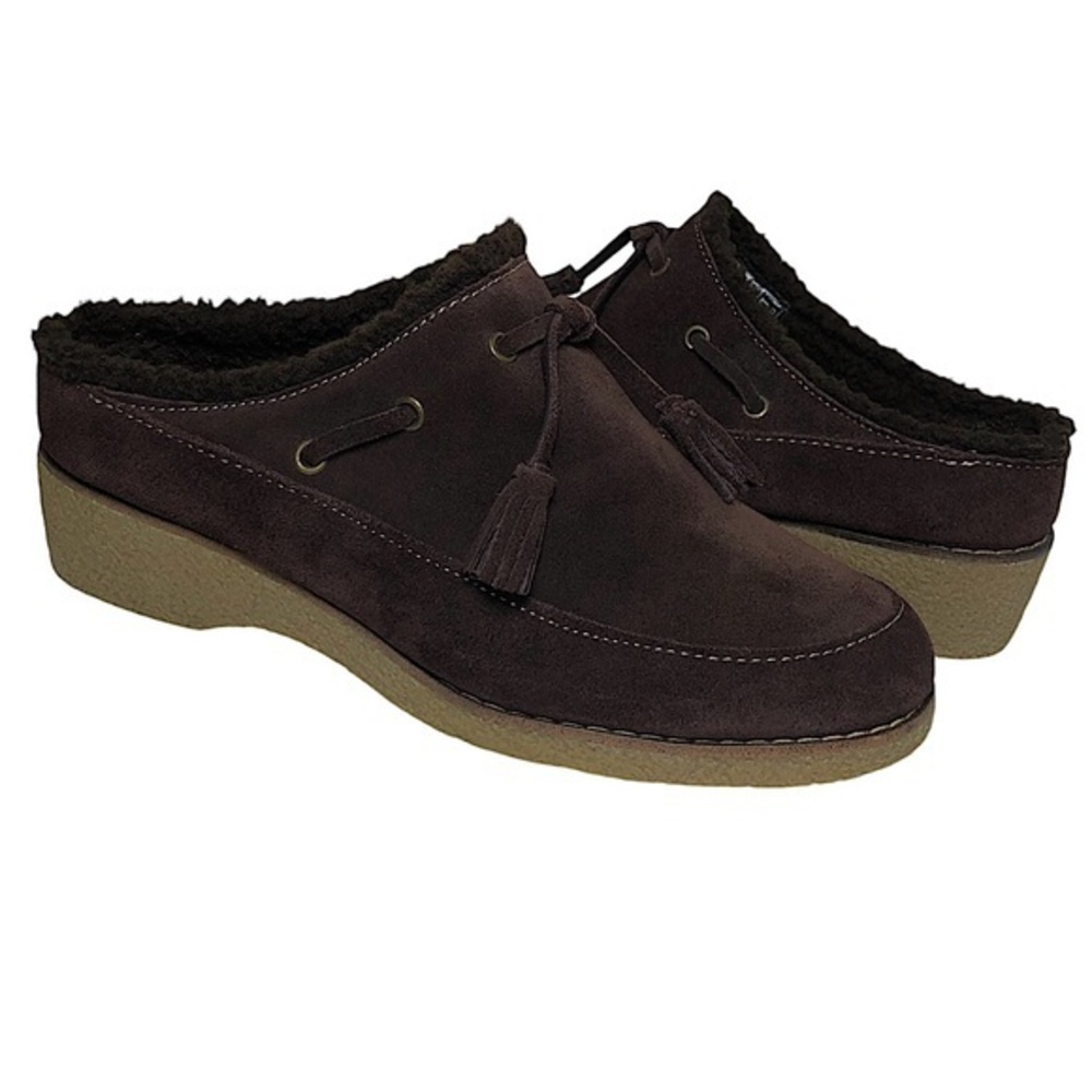 Lands' End Women's Leather Chalet Tassel‎ Fur Lining Brown Mules Clogs 8B